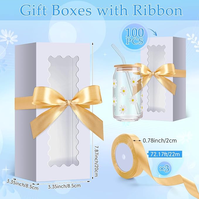 Windyun 100 Pcs Tumbler Gift Boxes for Sublimation Glass Exhibition Boxes Transparent for 12oz 16oz 20oz Shipping Cup Exhibition Packaging for Jars Mug Can Party Supplies (White)