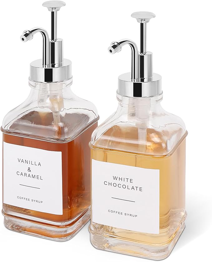 Coffee Syrup Dispenser for Coffee Bar, Clear Glass Syrup Bottles with Pump, Refillable Maple Syrup Storage, Coffee Station Accessories and Organizer, 500ml, Set of 2 (Chrome Finish)