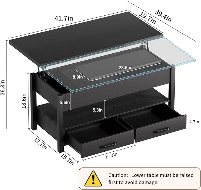 42'' Lift Top Coffee Table, 4-in-1 Multifunctional Lift Coffee Table with Storage & Hidden Compartments, Farmhouse Coffe Table with Lifting top for Living Room, Dining Reception Room, Black