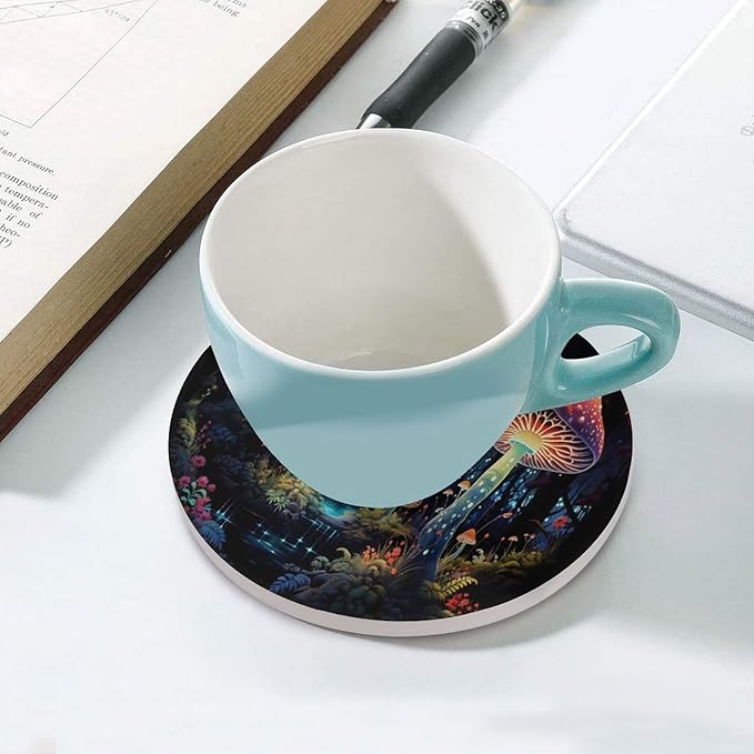 Round-6PCS Botanical Drink Coasters, Round Modern Ceramic Absorbent Coasters, Fantasy Colorful Cartoon Style Abstract Mushroom Print Decor Desk Coffee Table Coaster for Beverage Cup Tea Coasters