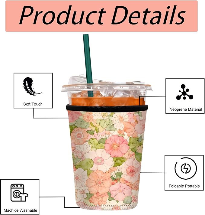 Neoprene Iced Coffee Sleeve 3 Pack, Reusable Insulated Cup Holder with Watercolor Floral Pattern, Fits 16–32 oz Tumblers, Compatible with Starbucks & Dunkin