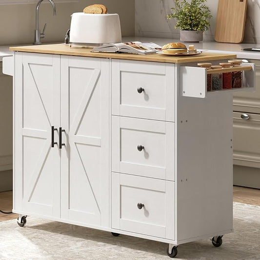 HOOBRO Kitchen Island with Power Outlet, Rolling Kitchen Island on Wheels, Island Table with 3 Large Drawers, Storage Cabinet, Spice Rack and Adjustable Shelf, White and Natural WN15UZD01