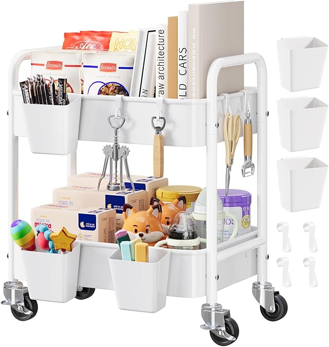2 Tier Small Rolling Metal Cart with Wheels, White Under Desk Storage Cart on Wheels, Short Utility Roller Carts Organizer for Pantry, Bathroom, Kitchen,Office, Two Tiered Mobile Storage Shelf Trolley