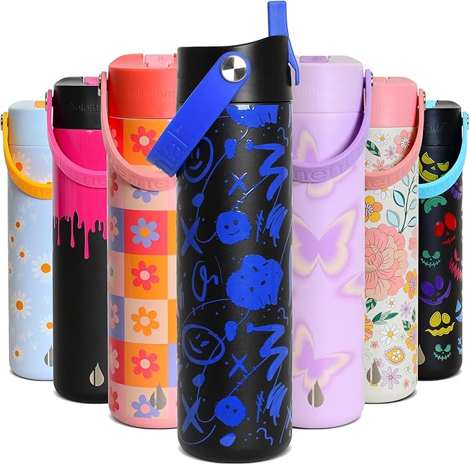 Elemental 24oz Insulated Water Bottle with Straw - 100% Leak-Proof Stainless Steel Core Water Bottles for Travel, Sports and Gym - Double Wall Insulation & BPA Free - Freestyle
