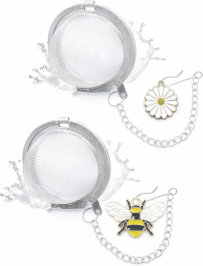 2 Pack Stainless Steel Tea Infuser with Sunny Yellow Bee & Blossom Charm - Handmade Mesh Tea Ball Strainers for Loose Leaf Tea, Elegant Tea Diffusers for Loose Tea Tea Accessories