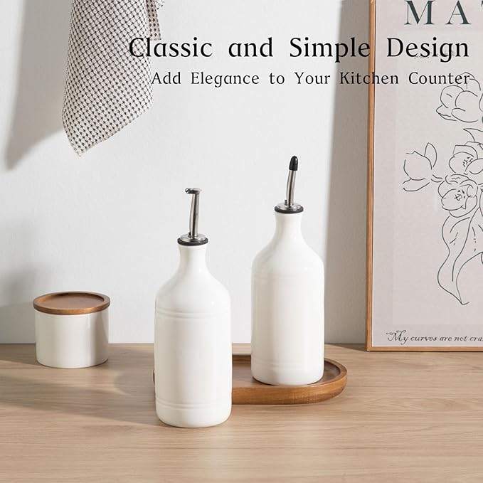 Sweejar Ceramic Olive Oil Dispenser Bottle Set, Opaque Oil Cruet Protects to Reduce Oxidation, Suitable For Storage Of Vinegar, Soy Sauce & Other Liquids,Pack of 2,15.5 Fl Oz（White）