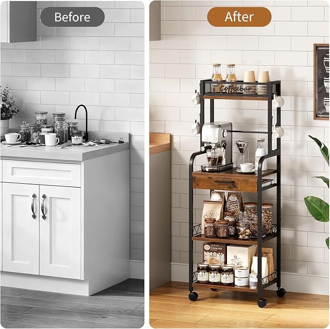 HavenlyYouth Coffee Bar Organizer Station- 5 Tier Coffee Stand Station with Wheels and Storage, Pod Drawers and 4 Hooks for k Cup Organizer, Tea Bar, Living Room, Kitchen,Office