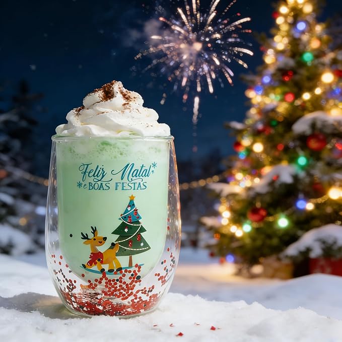 Christmas Mugs, 8 oz Double Wall Insulated Glass Coffee Mugs Set of 2, Cute Funny Mugs Coffee Cups for Cappuccino, Latte, Americano, Tea, Wine and Beverage
