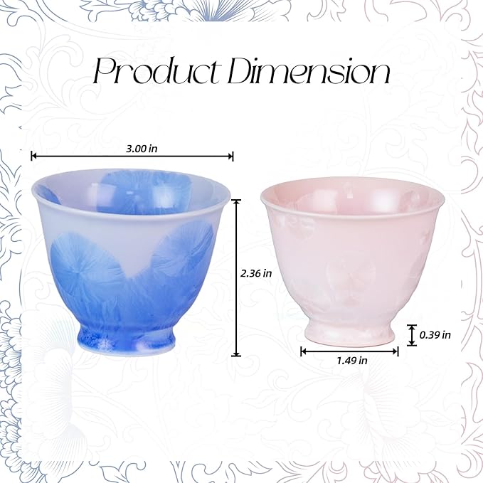 KAMMAK Ceramic Tea & Coffee Cups Set of 2 - Vintage Crystalline Glaze Espresso Mugs, 3.2oz Hand Painted for Afternoon Tea or Coffee, Birthday Gift for Women Men, Pink + Blue
