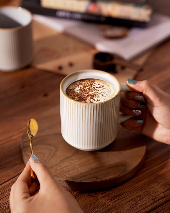 famiware Coffee Mug Set for 8, Star 12 oz Catering Mugs Cup Set with Handle for Coffee, Tea, Cocoa, Milk - Ceramic Stoneware Drinkware Set, Cappuccino White