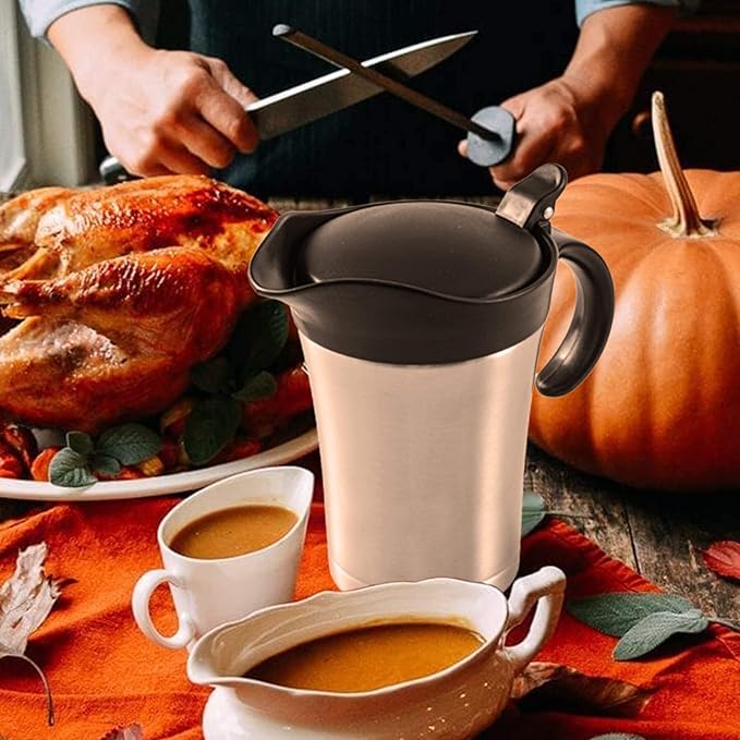 Large Stainless Steel Gravy Boat - 25 Ounce Double Wall Insulated Sauce Jug with Plastic Hinged Lid