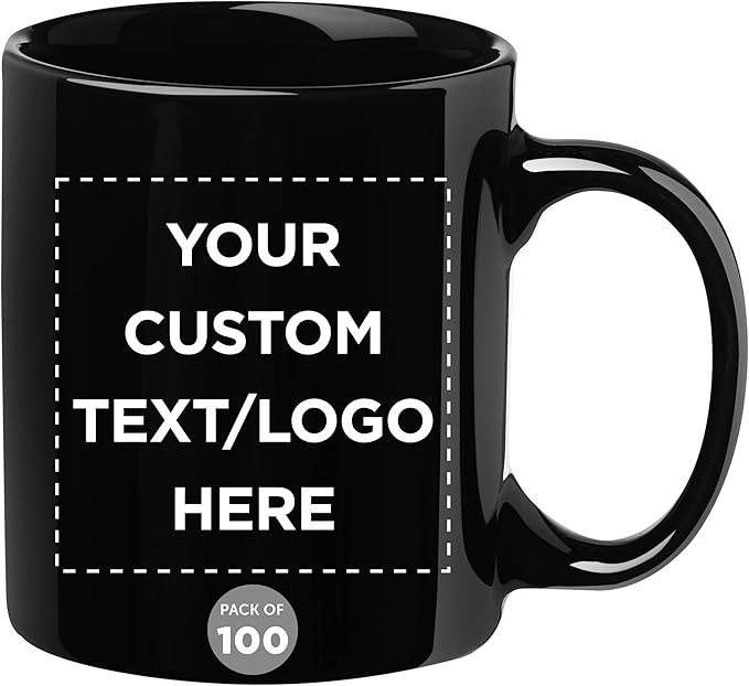 Custom Ceramic Coffee Mugs 11 oz. Set of 100, Personalized Bulk Pack - Coffee cup set, Iced coffee cup, Gaming mug - Black