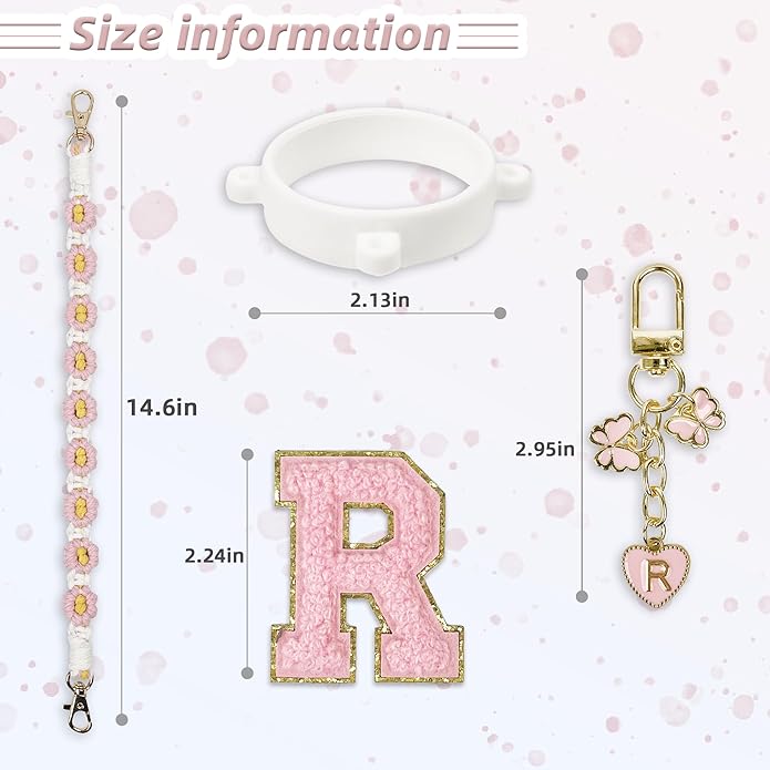 Compatible with Owala Water Bottle Accessories, Cute Letter Charm Set with Boho Handle Strap, Monogram Sticker, Silicone Ring, Keychain Decoration, for FreeSip 24 32 40oz, Owala Kids, Tumbler Gift