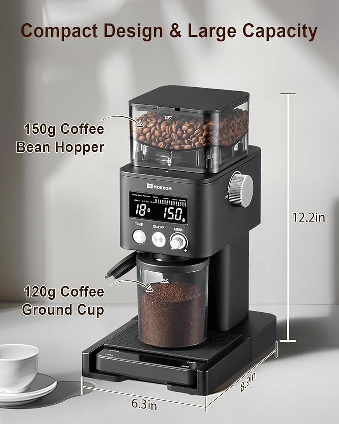 MOKKOM Coffee Grinder with Removable Coffee Scale, Anti-static Conical Burr Coffee Bean Grinder, 31 Precise Settings for Espresso/Drip/Pour Over/Cold Brew/French Press