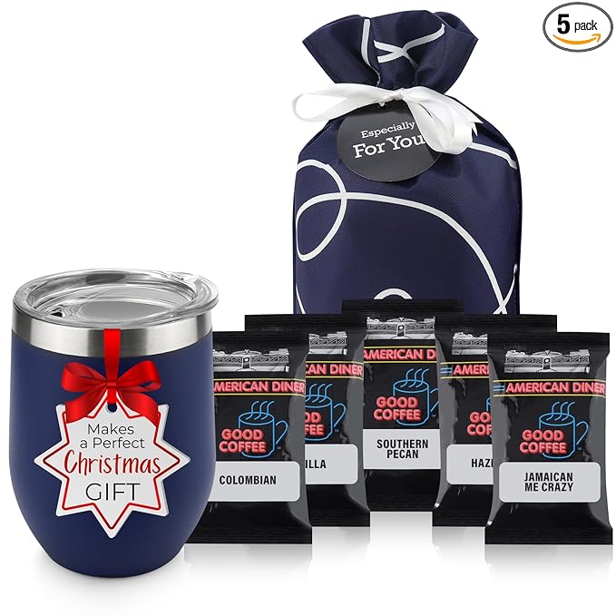 Coffee Lovers Gifts Basket - Gift Sets Include Temperature Retention Insulated Cup and 5 Special Blend Full Pot Ground-Coffee Samplers Presented in Beautiful Gift Bag For Women & Men