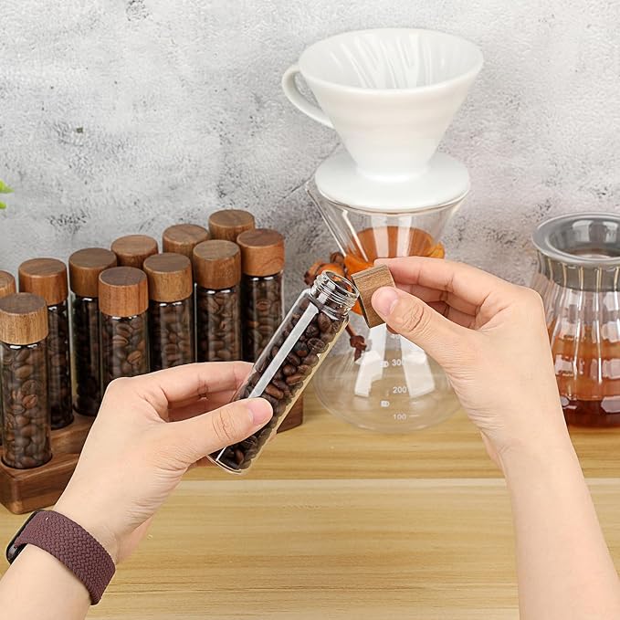 JUXYES Set of 12 Single Dose Coffee Bean Storage Tubes with Wooden Stand and Lids, Dosing Glass Vials for Coffee Storage, Coffee Bean Container Cellars, Espresso Bean Canisters Set, 2 fl oz
