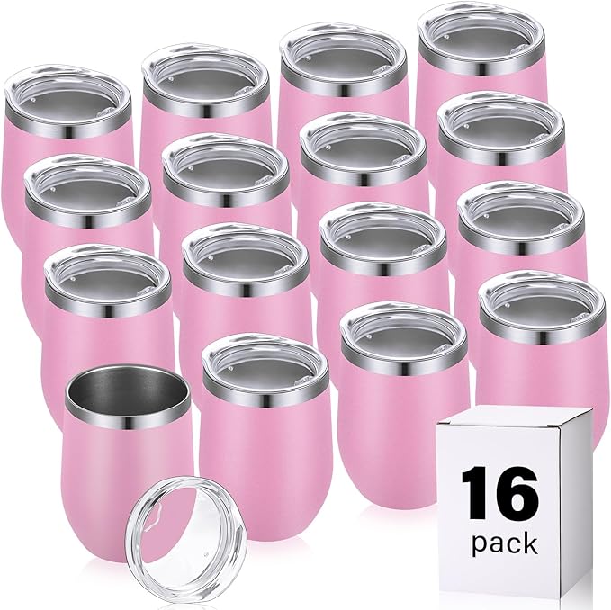 16 Pack Stainless Steel Wine Tumblers 12 oz Insulated Vacuum Wine Cup Set Double Wall Stainless Steel Stemless Mug Glasses for Coffee Soda Whiskey Outdoor Travel (Pink)