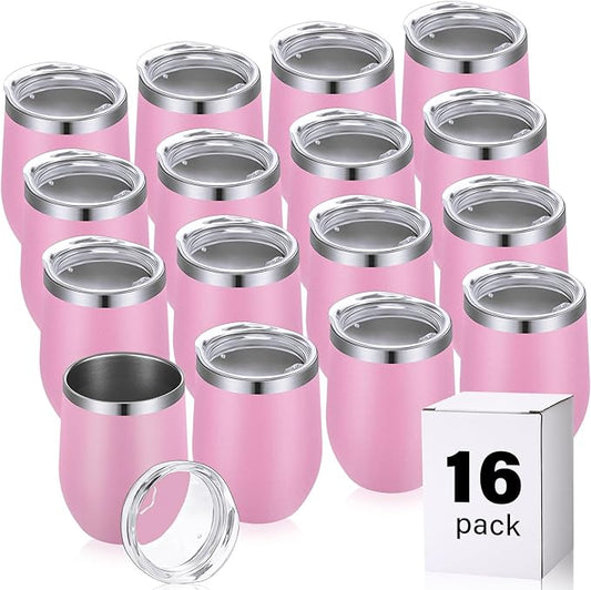16 Pack Stainless Steel Wine Tumblers 12 oz Insulated Vacuum Wine Cup Set Double Wall Stainless Steel Stemless Mug Glasses for Coffee Soda Whiskey Outdoor Travel (Pink)
