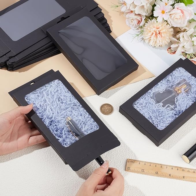 BENECREAT 20 Pack Kraft Paper Boxes with Clear Window 7.5x4x1inch Black Gift Packaging Boxes for Bakery Cookies Cake Candy Wedding Party Favors