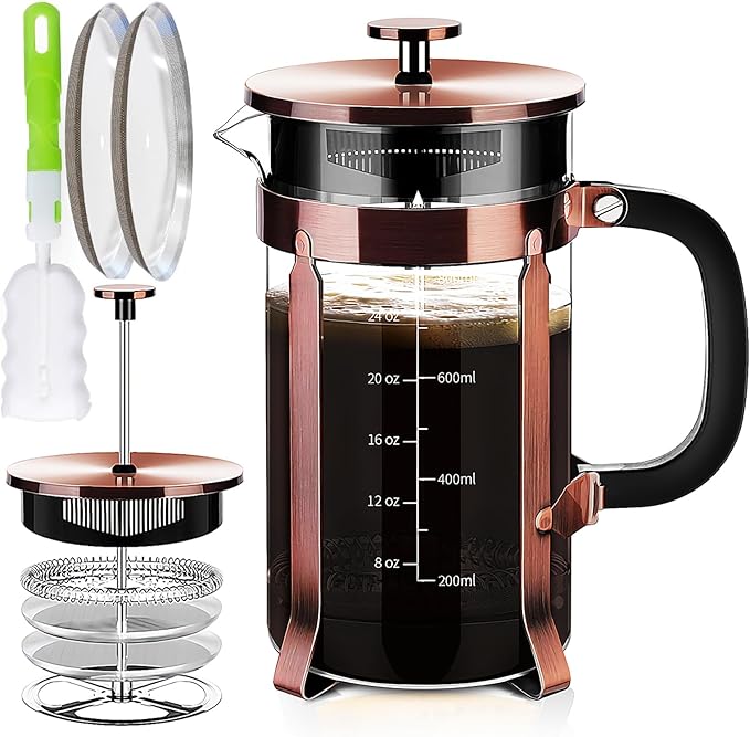 YMMIND French Press Coffee Maker 304 Stainless Steel Coffee Press,with 4 Filters System, Heat Resistant Thickness Borosilicate French Press Glass, BPA-Free Brewed Tea Pot Coffee Plunger(Copper 12oz)