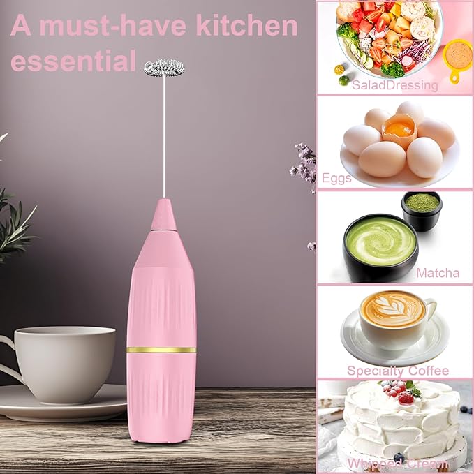Handheld Milk Frother Wand for Coffee, Matcha, Latte, Cappuccino, Hot Chocolate, Egg, Pink
