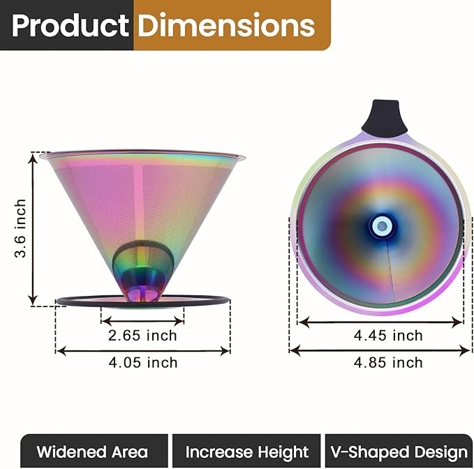 【2.0 Upgraded】 Stainless Steel Pour Over Coffee Filter, Paperless Reusable Coffee Dripper With Non-Slip Ring&Handle, Easy-to-Use and Easy-to-Clean Design, Large Size (1–6 Cup)