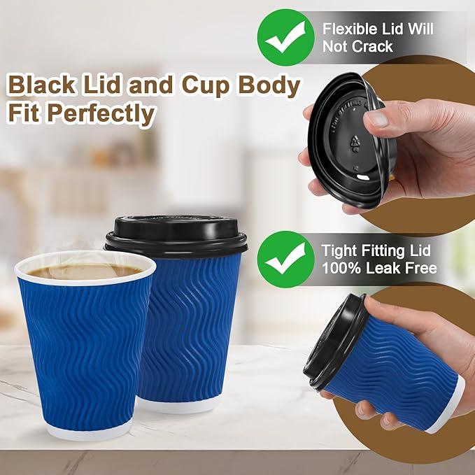 Clawsoff 500 Pack Coffee Cups with Lids 12oz, Disposable Insulated Ripple Wall To Go Paper Coffee Cups for Hot/Cold Drinks Office Home Shop Event (Navy)
