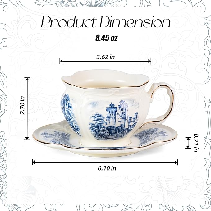KAMMAK Tea Cups and Saucers Set of 2, Porcelain Coffee Cups, 8-Ounce Stackable Espresso Mugs, Ceramic Demitasse for Coffee, Latte, Americano, Tea, Retro Blue