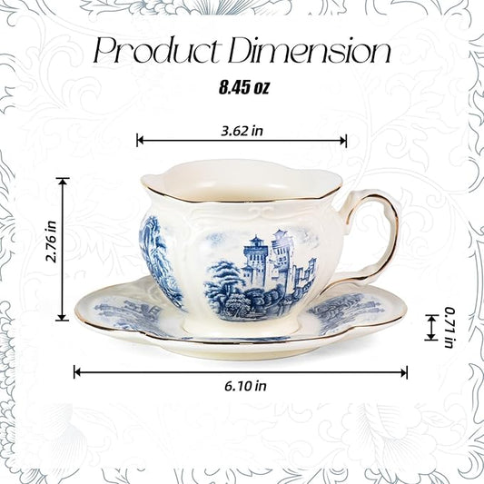 KAMMAK Tea Cups and Saucers Set of 2, Porcelain Coffee Cups, 8-Ounce Stackable Espresso Mugs, Ceramic Demitasse for Coffee, Latte, Americano, Tea, Retro Blue