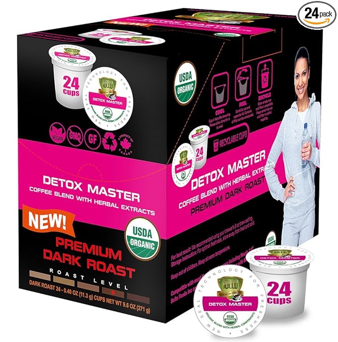 SOLLO Organic Detox Coffee Pods, Supports Diet & Metabolism with Herbal Extracts, Bold Dark Roast, Single Serve Pod, Compatible with Keurig K-Cup Brewers, 24 Ct