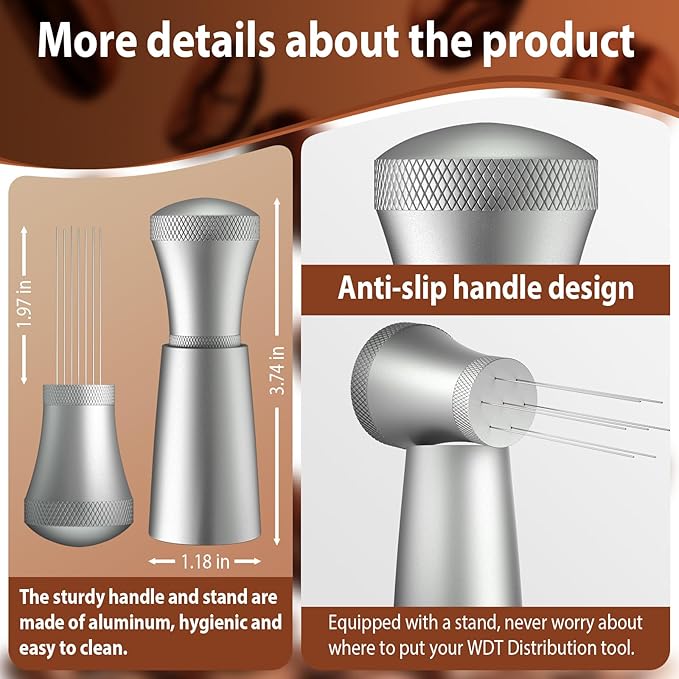 WDT Espresso Distribution Tool Espresso Stirrer Tools for Barista, 0.35mm 7 Needles Espresso Coffee Stirrer with Extra 7 Replaceable Needles, Aluminum Alloy Handle with Stand (Silver)