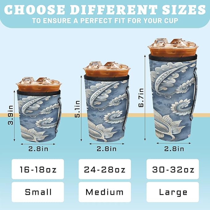 Reusable Iced Coffee Cup Sleeve Paisley Neoprene Insulated Sleeves Cup Holder with handle Idea for 24oz - 28oz
