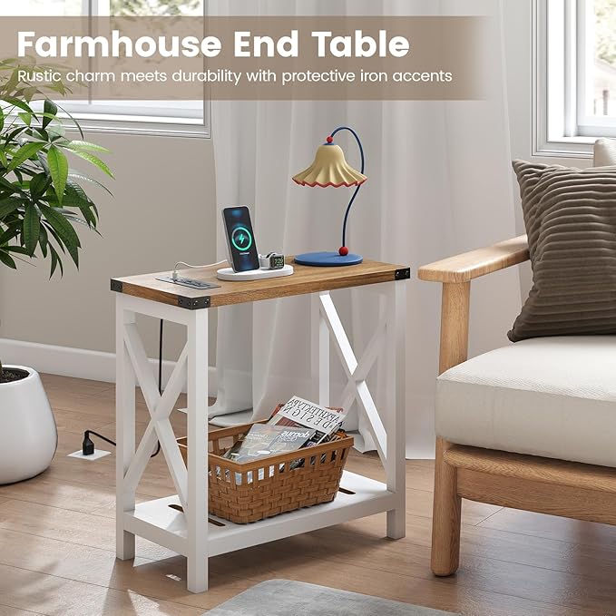 Hadulcet Farmhouse Side Table with Storage Shelf - Narrow End Table with Charging Station, Slim End Tables Living Room, Rustic X-Design Nightstand for Bedroom, Small Space, White & Brown