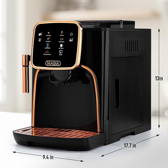Zulay Kitchen Magia Clasica Automatic Espresso Machine with Built-In Grinder, Touch Panel Coffee Maker, Steam Wand Milk Frother, Adjustable Strength, Self-Cleaning, Black & Copper