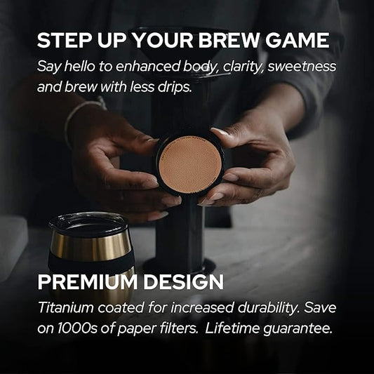 CAFE CONCETTO Filters for use in AeroPress Go/AeroPress Coffee Makers (Fine & Superfine) - Premium Replacement Disc - Reusable Metal, Titanium Coated Stainless Steel. Upgrade Mesh or Filter Papers