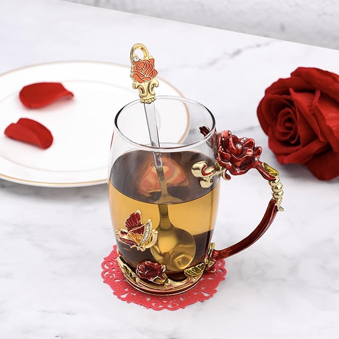 Glass Coffee Mugs Flower Butterfly Tea Cup with Spoon and Box, Personalized Gifts for Mothers Day Gift, Women, Wife and Girlfriends (11oz)