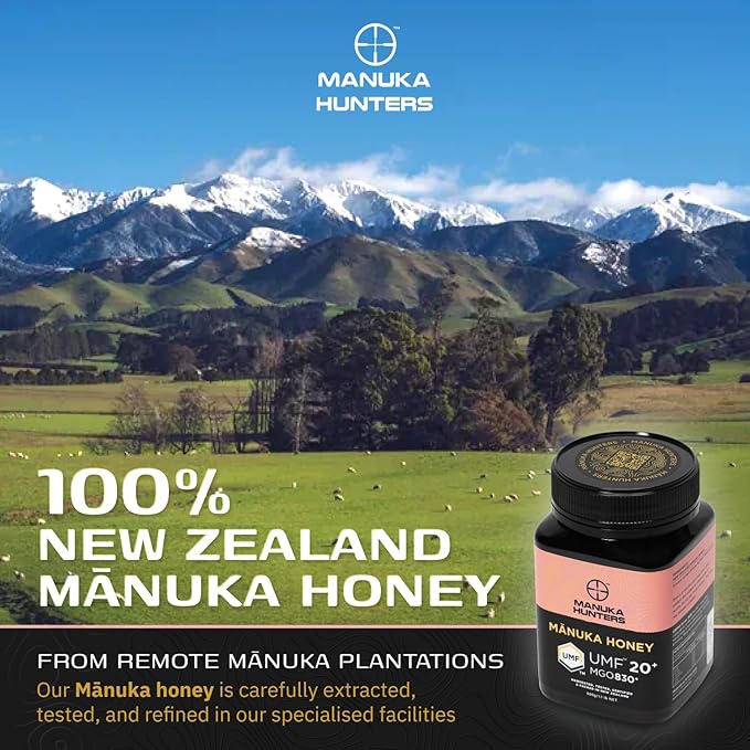 Manuka Hunters UMF 20+/MGO 830+ Certified New Zealand Manuka Honey - 100% Pure Natural Sweetener - Gluten, Dairy Free - Ideal for Tea, Coffee, Smoothies, and Baking - Sustainable - 1.1lb/500g Jar
