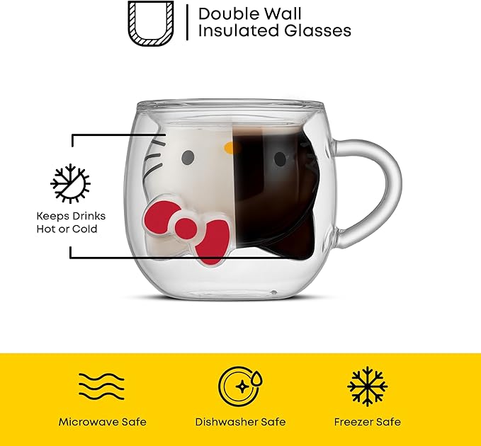 JoyJolt Hello Kitty 3D Espresso Cup, 5.5 oz Double Wall Glass Cup with 3D Design, Insulated Espresso Shot Glass, Kawaii Sanrio Cup for Double Shot Coffee or Tea, Hello Kitty Kitchen Stuff