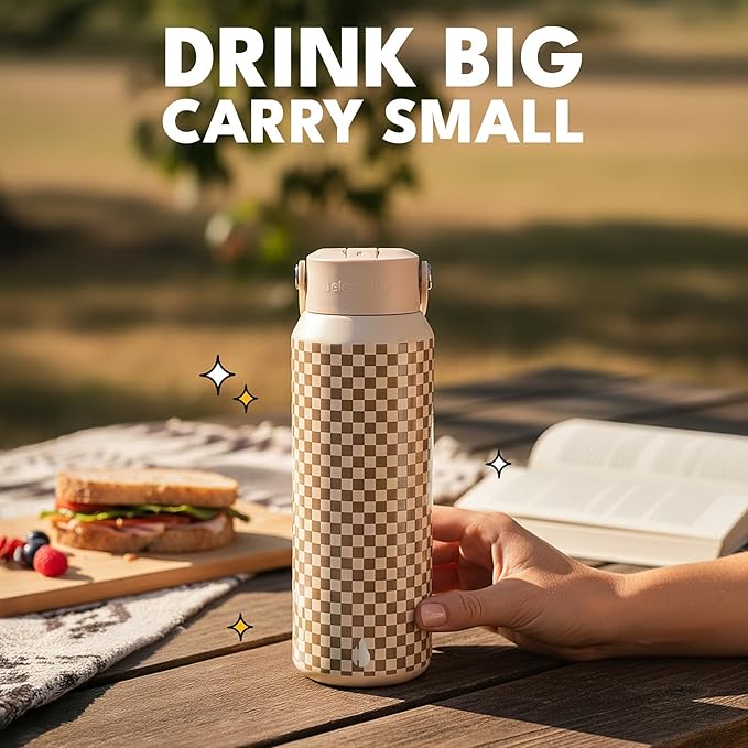 Elemental 40oz Insulated Water Bottle with Straw - 100% Leak-Proof Stainless Steel Core Water Bottles for Travel, Sports and Gym - Double Wall Insulation & BPA Free - Brown Check