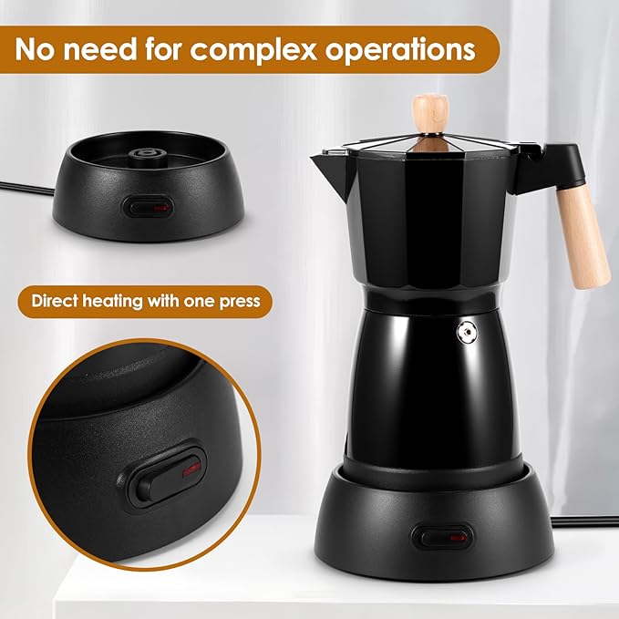 Electric Espresso Coffee Maker - 6 Cup Coffee Pot 300ml Electric Moka Pot, Portable Aluminum Cafeteras Electricas Italian Coffee Maker with Detachable Base, Coffee Machine, Gift for Coffee Lovers