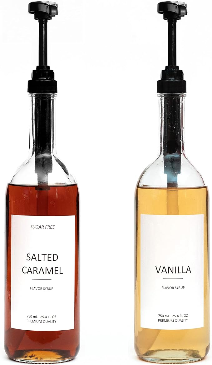 Demi's Home 25.4 oz 750 ml Glass Coffee Syrup Dispenser for Coffee Bar - 2 Pack - Comprehensive Label Set & ¼ oz Pumps Included