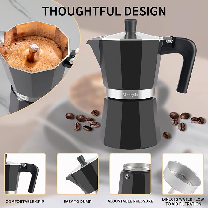 Mongdio Stovetop Espresso Maker Moka Pot, Stove Top Cuban Coffee Maker, Italian Greca Mocha Pot, 6 Espresso Cups, 10 oz - Black