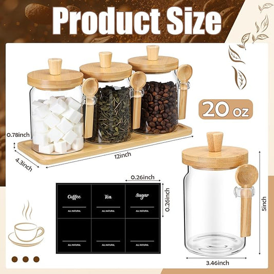 Suclain 3 Pcs Glass Coffee Container with Wooden Lid Spoon Shelf Labels Clear Airtight Jar Food Storage Canister Set for Sugar Spice Coffee Bean Holder Housewarming Gift(20 oz,Natural Bamboo)