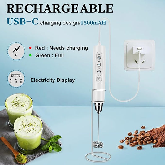 Milk Frother Handheld with Stand, Electric Whisk 3 Speed Adjustable, Drink Mixer with Stainless 3 Whisk, Rechargeable Hand Frother Wand, Foam Maker for Latte Cappuccino Hot Chocolate Egg White