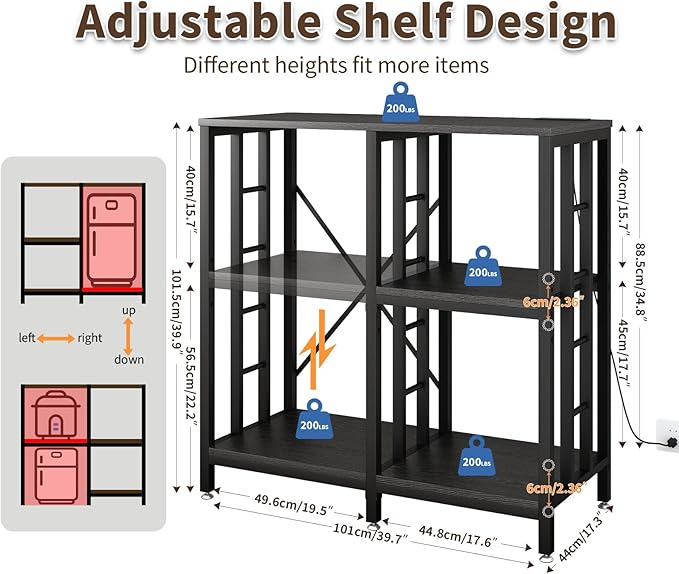 Adjustable Kitchen Bakers Rack with Power Outlet,4-Tier Microwave Stand Kitchen Cart,Mini Fridge Stand with Storage,Bar Cabinet,Suitable for Office,Coffee Bar,Living Room,Patio, Black