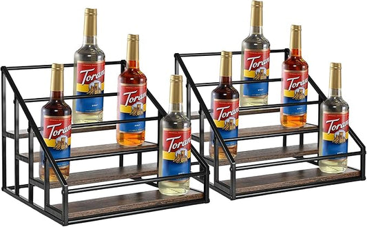 YQBRAO Coffee Syrup Rack Organizer,Liquor Bottle Display Shelf,Water cup display stand,Spice Rack Kitchen Cabinet Organizer,Rustic Brown,2 Packs 4 Tier 16 Bottle Coffee Syrup Holder