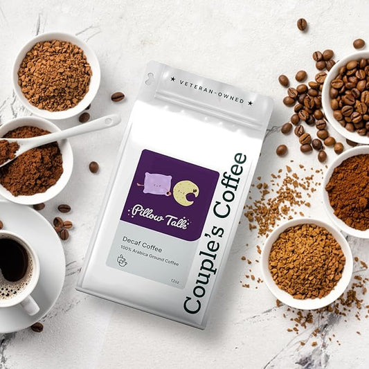 Couple’s Coffee Decaf Ground Coffee | Medium Roast Decaf Coffee | Gives Back to Military Families | Pillow Talk | Made with 100% Arabica Beans | 12oz