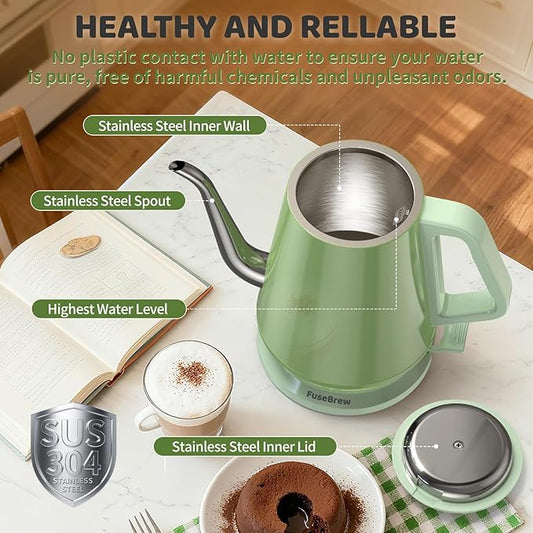 Gooseneck Electric Kettle(0.8L),1200 Watts Fast Boiling,Stainless Steel BPA Free,Automatic Shut Off,Pour Over Kettle for Small Kitchen,RV,Trip,Coffee & Tea- Green