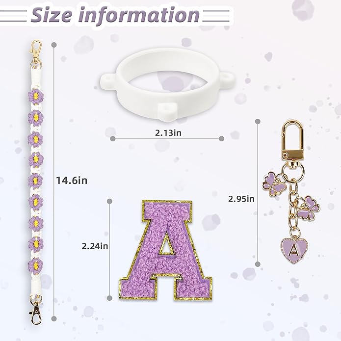 Compatible with Owala Water Bottle Accessories, Cute Letter Charm Set with Boho Handle Strap, Monogram Sticker, Silicone Ring, Keychain Decoration, for FreeSip 24 32 40oz, Owala Kids, Tumbler Gift