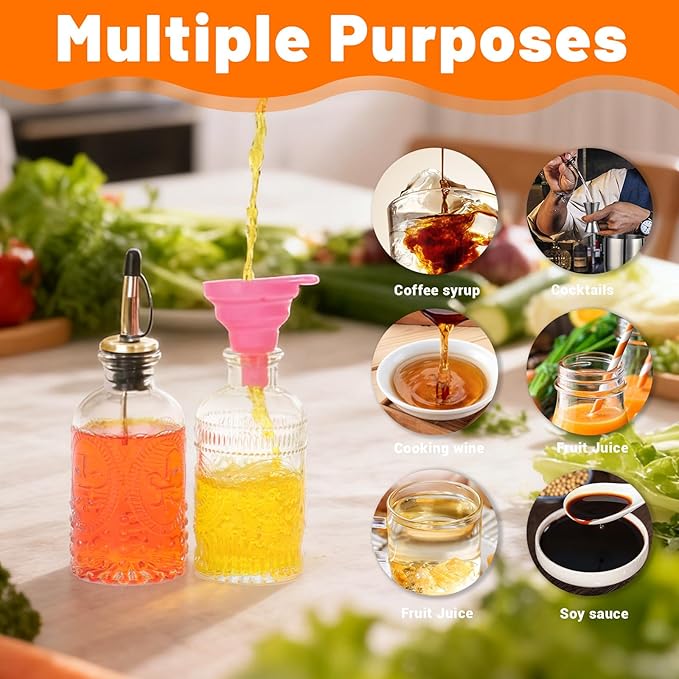 7oz Glass Coffee Syrup Dispenser, 2-Pack Complete Set with Funnel, Brush, Stoppers & Accessories - Syrup Bottles for Coffee Bar with Metal Pour Spout, Ideal for Maple,Oil, Vinegar,Cooking wine